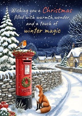 Snowy Village Robin And Fox Traditional Christmas Card