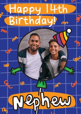 Happy 14th Birthday Nephew Party Balloon Photo Upload Card