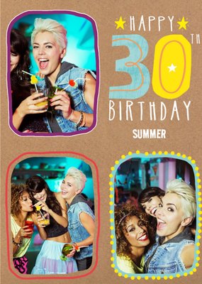 Colourful Typographic Multi Photo Upload 30th Birthday Card  