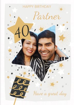 Stars Bursting From A Party Popper Illustration Personalise Photo Upload Partner Birthday Card