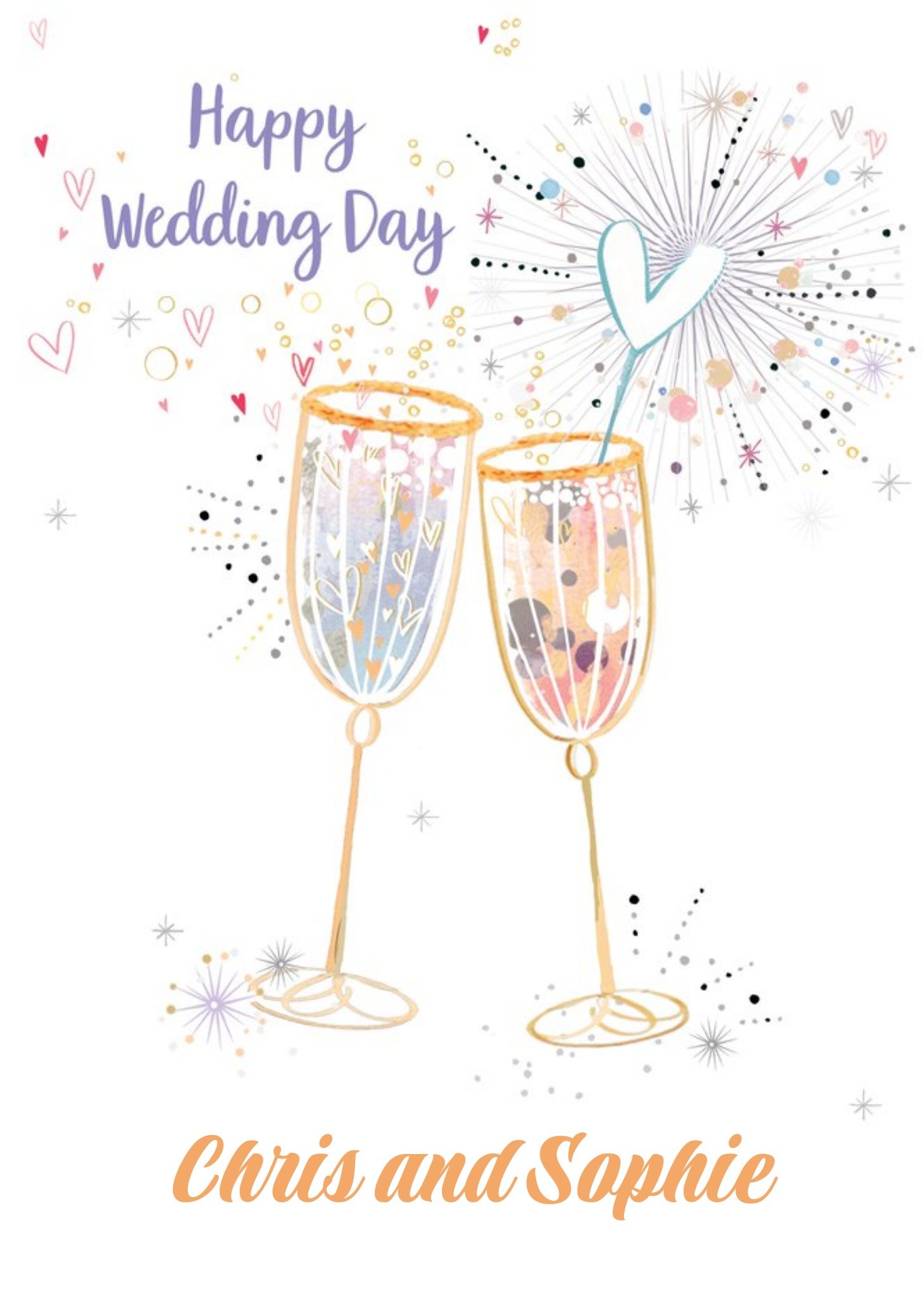 Moonpig Illustration Of Two Glasses Of Wine Surrounded By Sparkles And Hearts Wedding Day Card