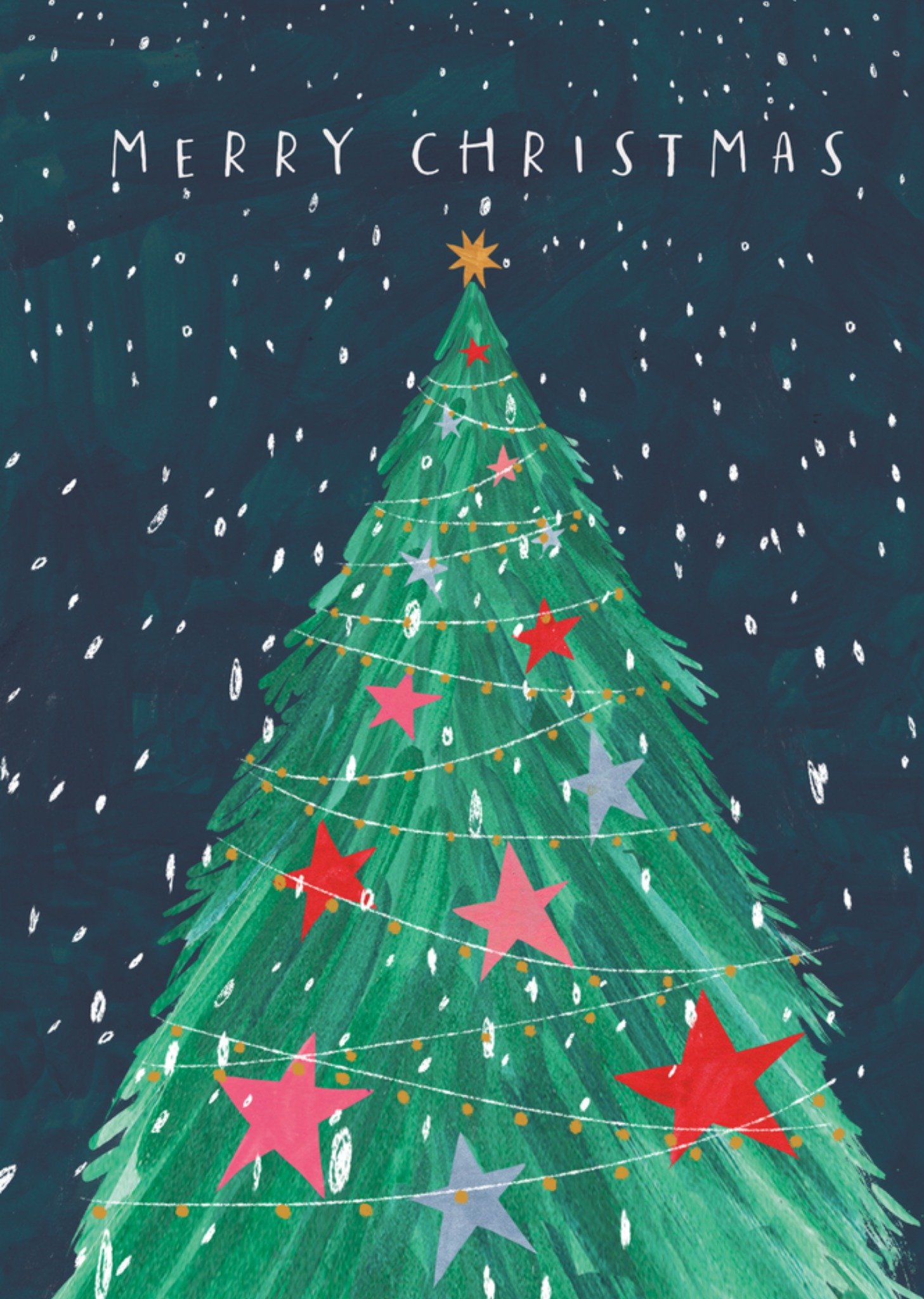 Moonpig Snowy Night Sky Tree Illustrated Merry Christmas Card