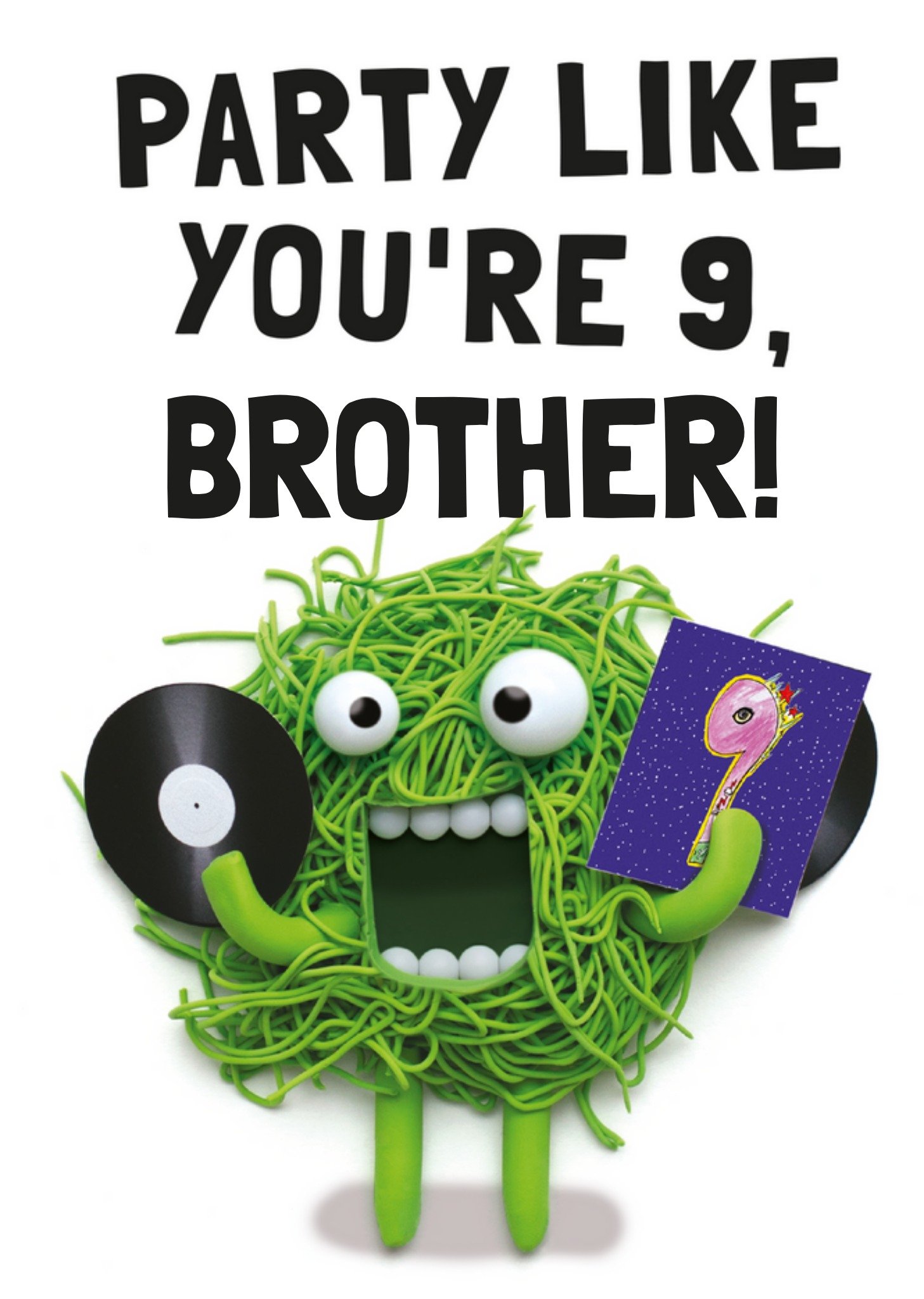 Moonpig Fun Party Like You're 9 Brother Illustrated Green Spaghetti Moster Vinyl Record Birthday Car