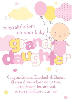 Pink And Yellow Congratulations On Your Baby Granddaughter Personalised Card