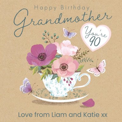 Illustration Of Butterflies And A Tea Cup With Flowers Happy Birthday Grandmother You're 90 Card