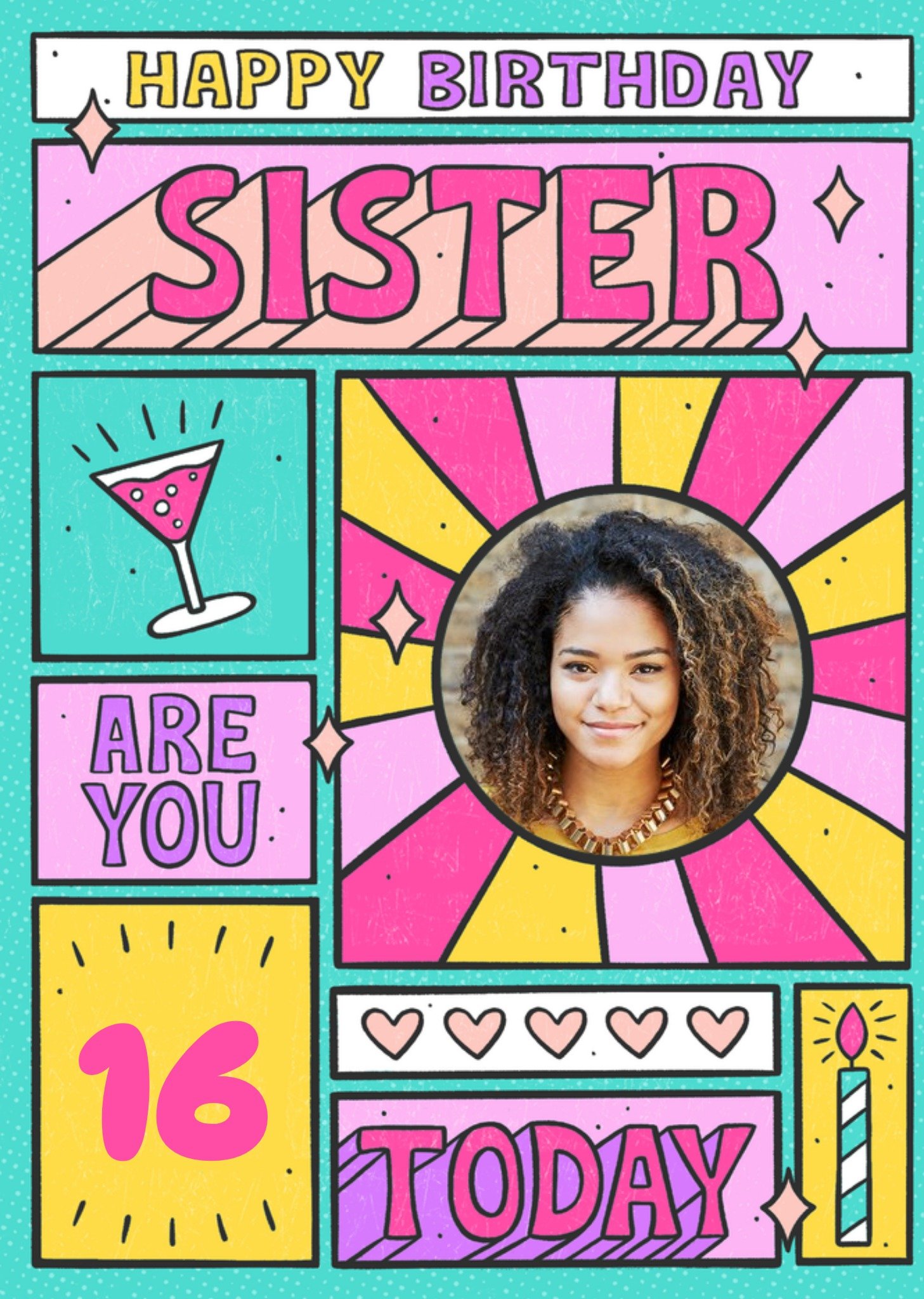 Moonpig Bright Graphic Typographic Icons Sister 16 Today Multiple Photo Upload Birthday Card