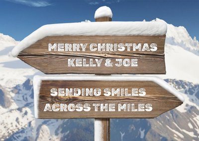 Across The Miles Snowy Direction Signs Personalised Christmas Card