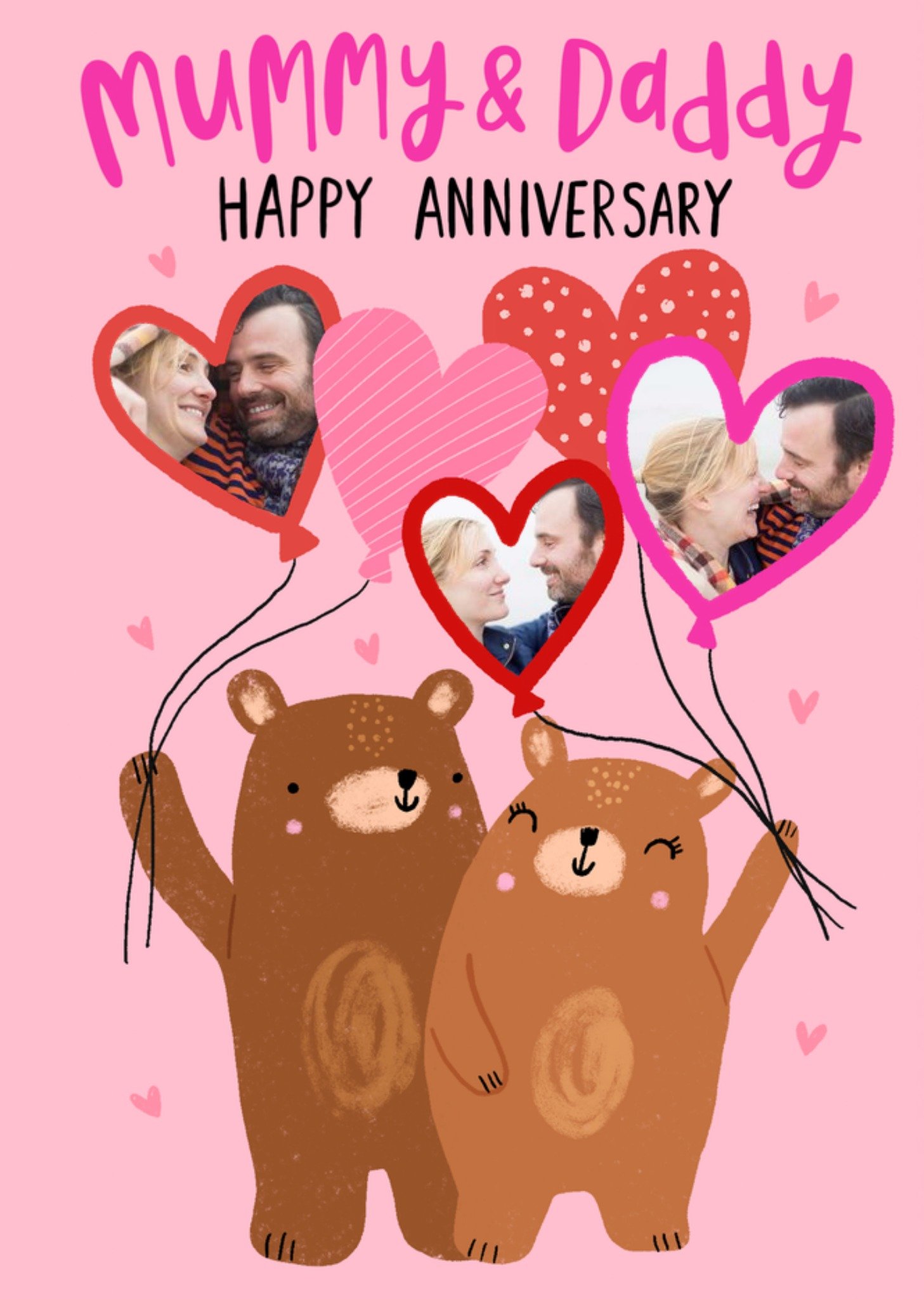 Moonpig Illustration Of Two Bears With Heart Shaped Balloons Mummy & Daddy's Photo Upload Anniversar