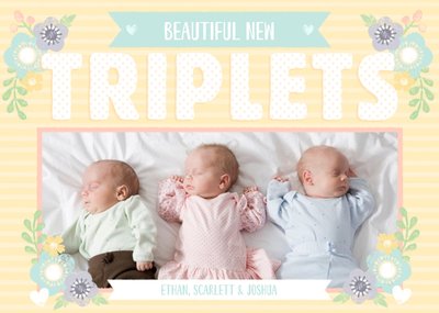 Folk Flowers Triplets Photo Upload New Baby Card