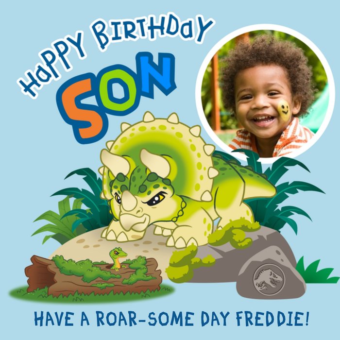 Jurassic Park Cute Cartoon Triceratops Son Photo Upload Birthday Card