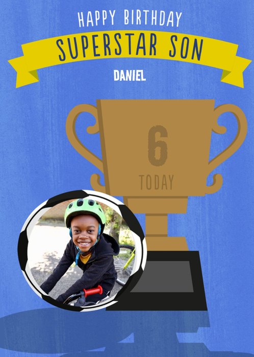 Happy Birthday Superstar Son Photo Upload Trophy Card