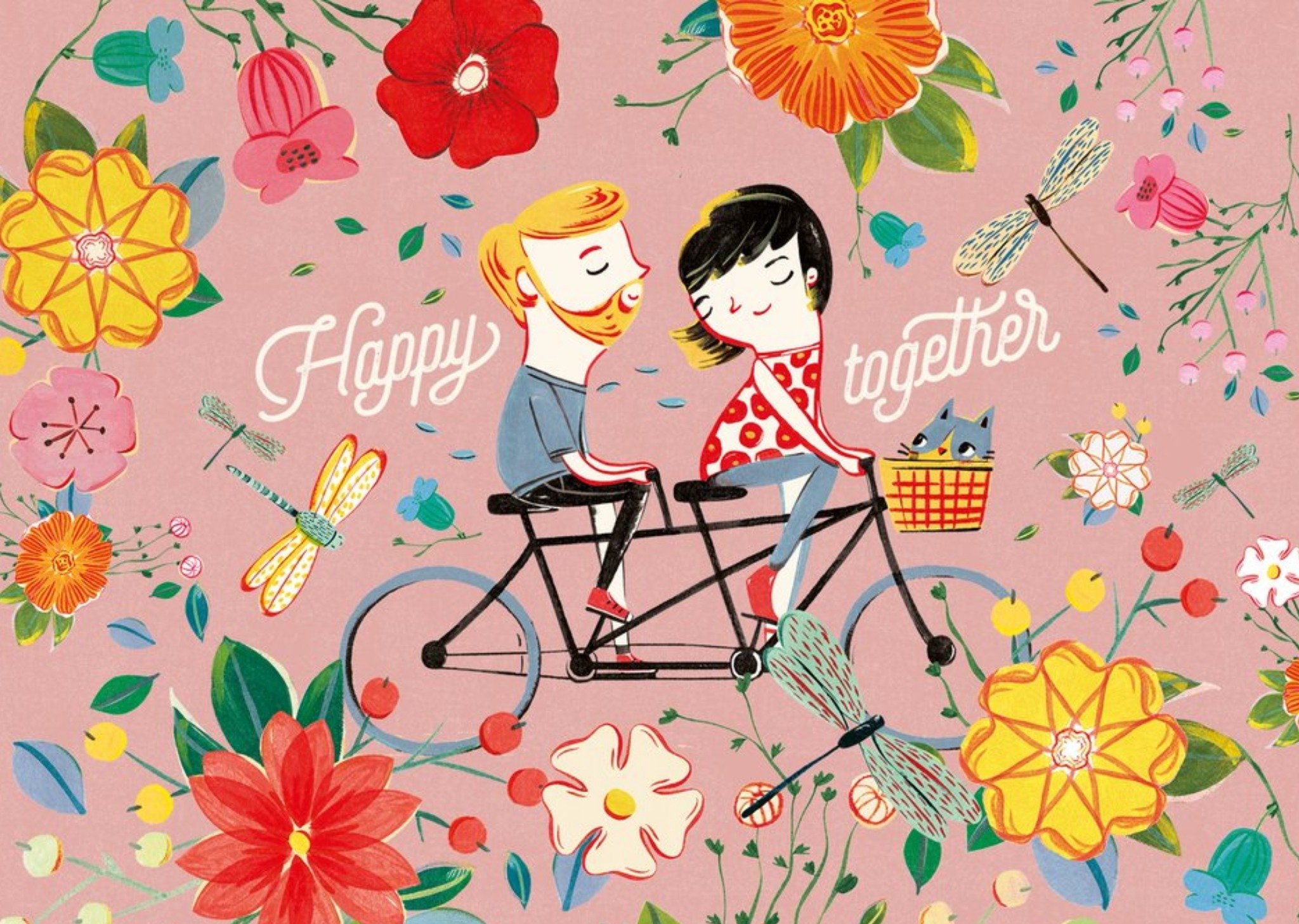 Moonpig Floral Pink Illustrated Cyclist Couple Happy Together Card