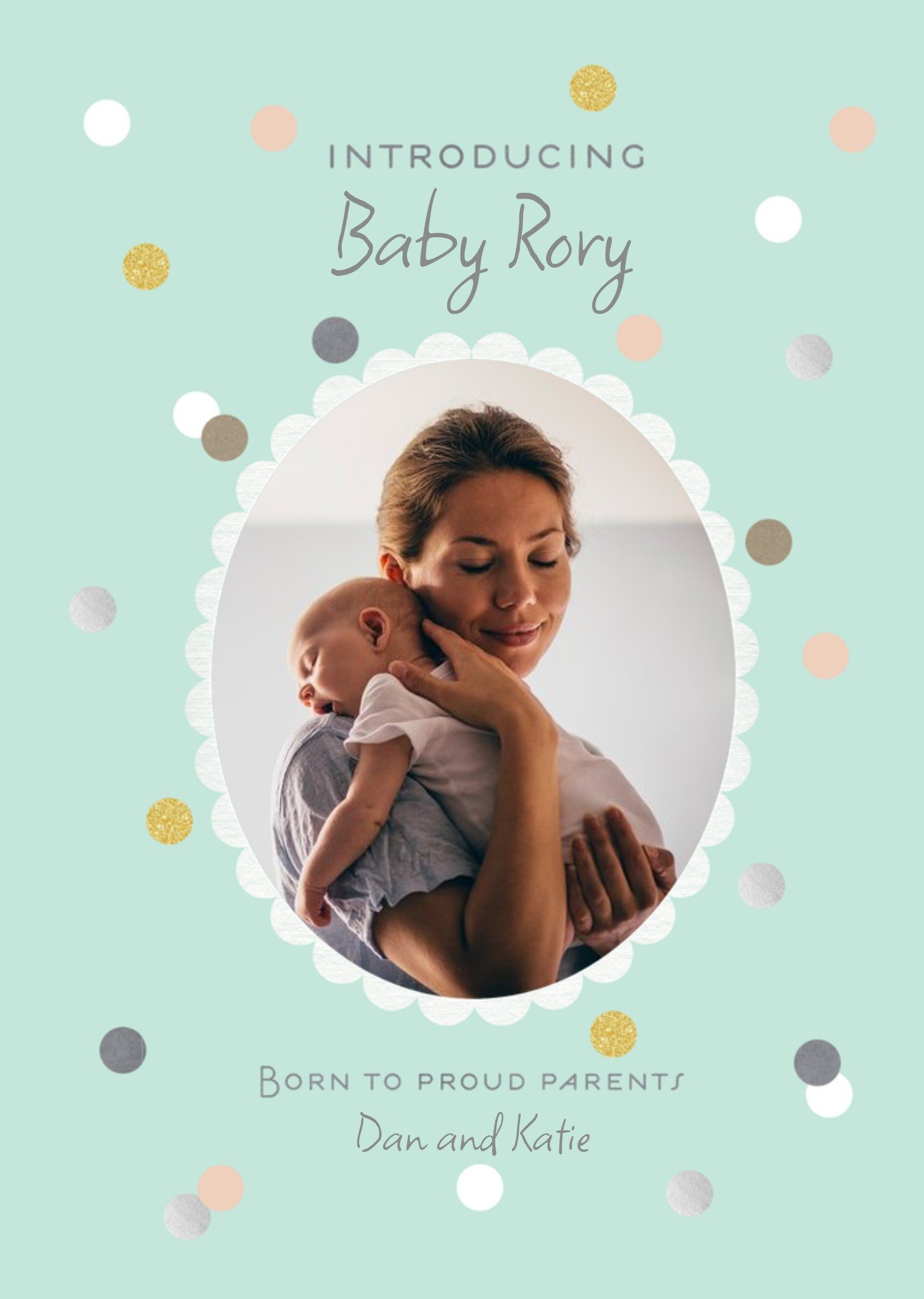Moonpig Mint Green Pastel Spots Personalised Photo Upload Baby Announcement Card