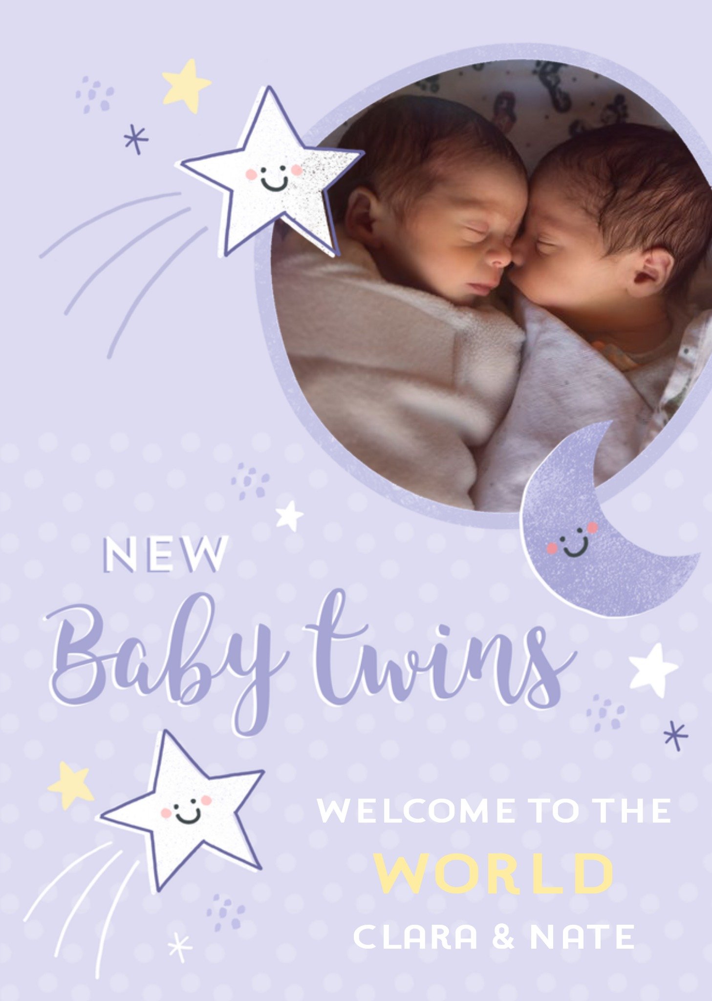 Moonpig Purple Stars And Moon Baby Twins Photo Upload Card