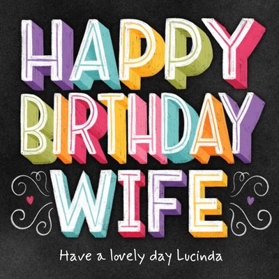 Happy Birthday WifeChalkboard Chalk Lettering Typographic Birthday Card