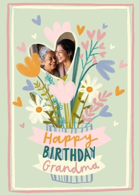 Happy Birthday Grandma Illustrated Flowers Photo Upload Card   