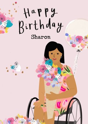 Illustration of a woman in a wheelchair holding flowers smiling and happy Birthday Card