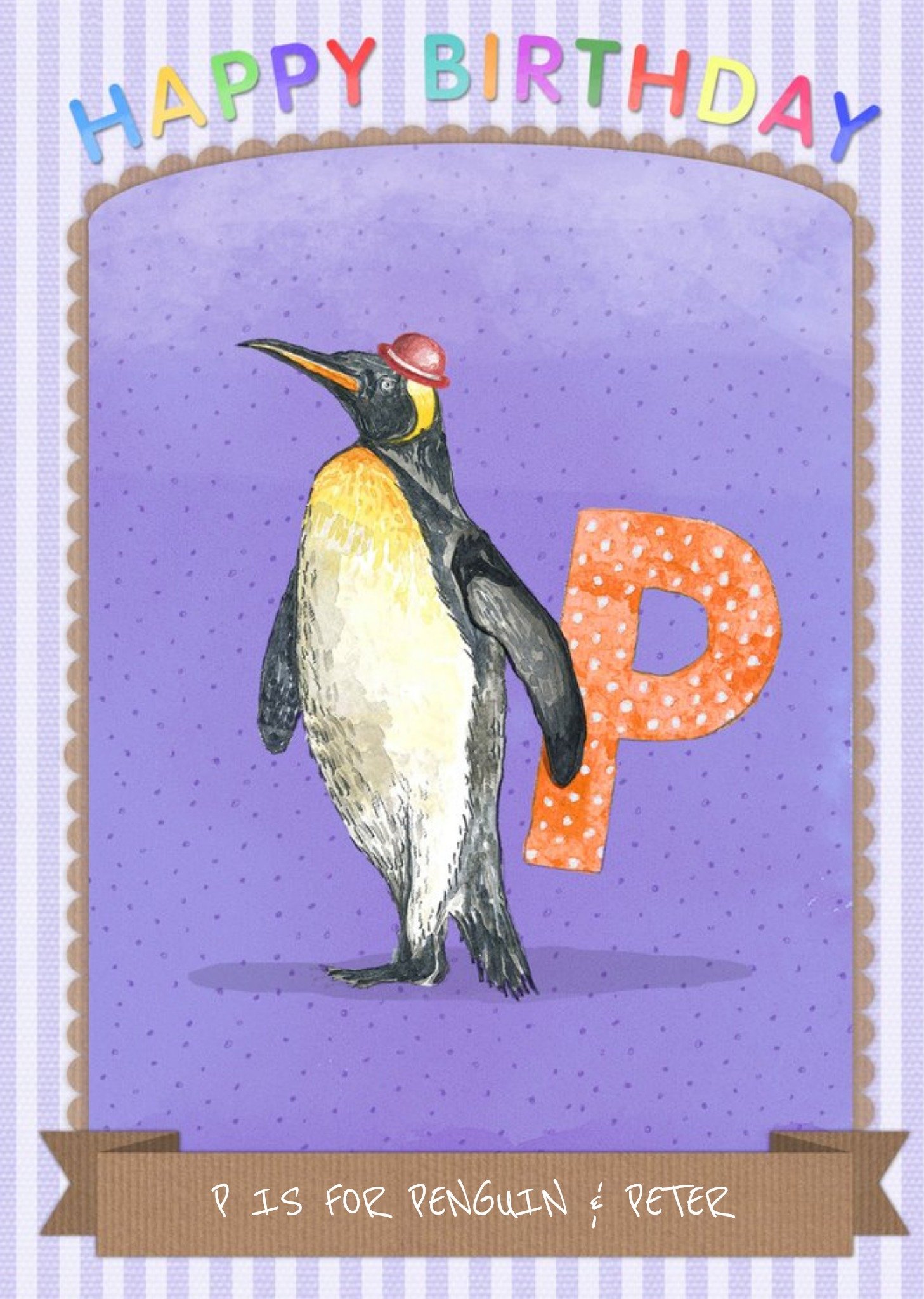 Moonpig Pinstriped P Is For Penguin Personalised Birthday Card