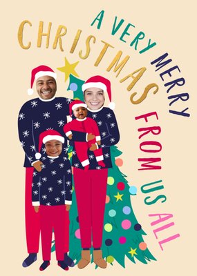 From Us All Illustrated Family Face In Hole Photo Upload Christmas Card