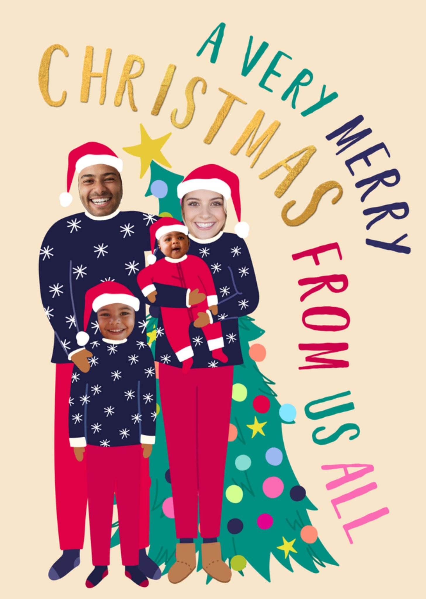 Moonpig From Us All Illustrated Family Face In Hole Photo Upload Christmas Card