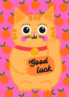 Cute Illustrated Ginger Lucky Cat Good Luck Card