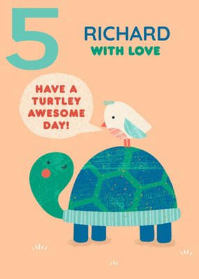 Cute Simple Illustration Of A Bird And A Turtle Happy 5th Birthday Card