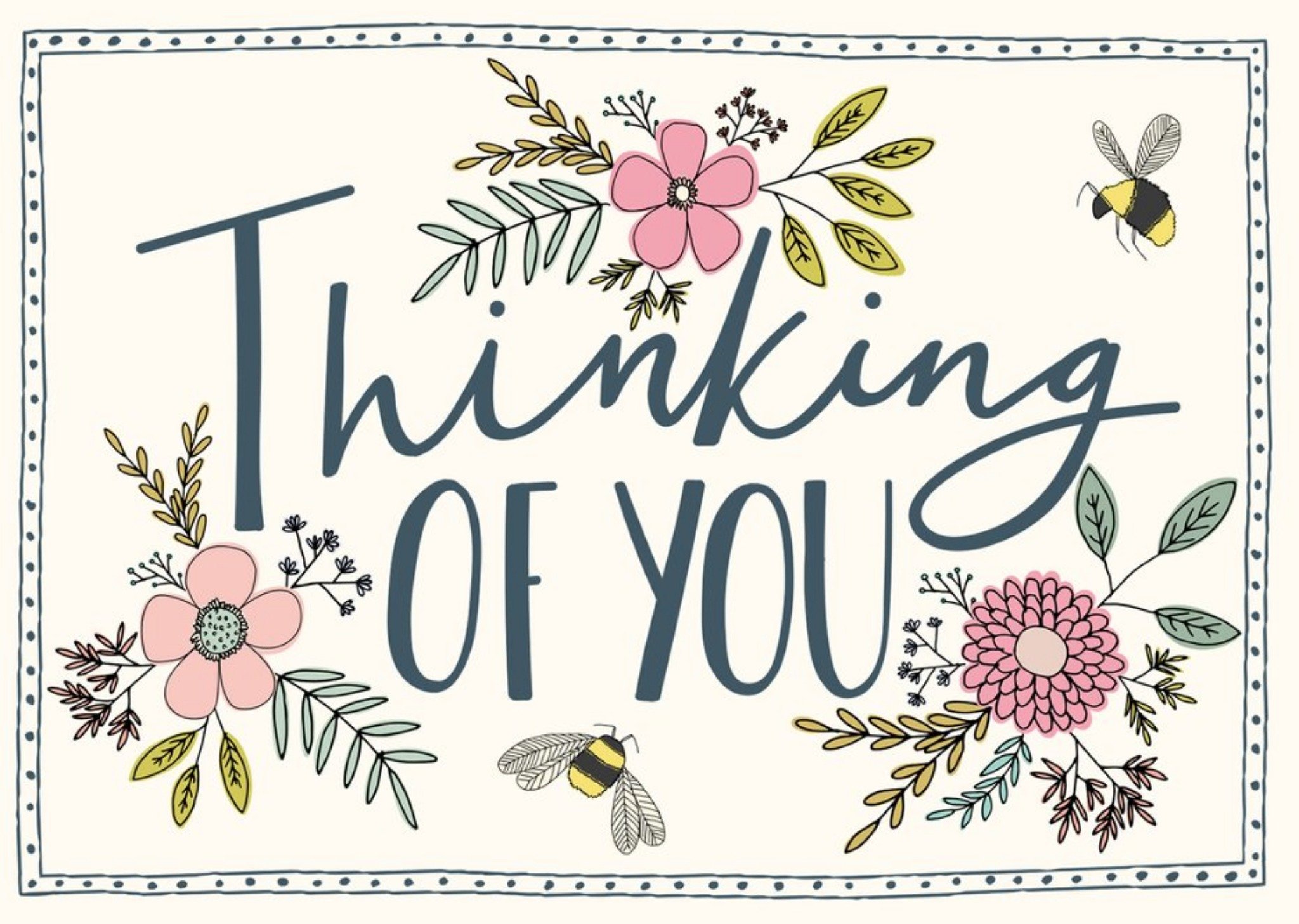Moonpig Floral Illustration With Bees Thinking Of You Postard