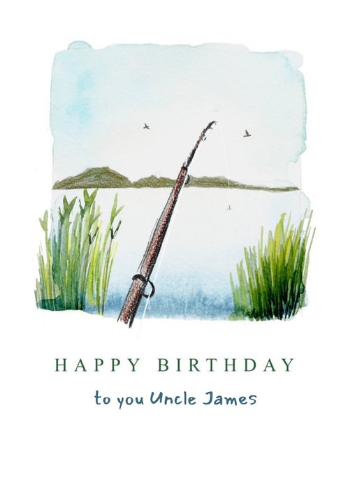 Set The Scene Watercolour Fishing Rod And Lake Birthday Card