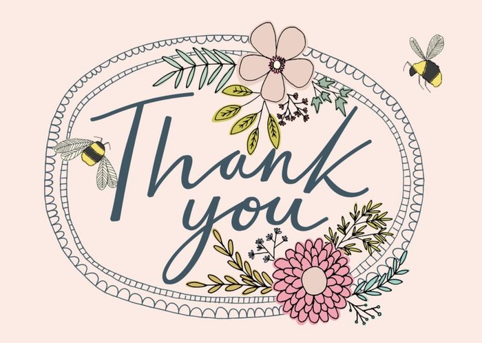 Floral Illustration With Bees Thank You Card 