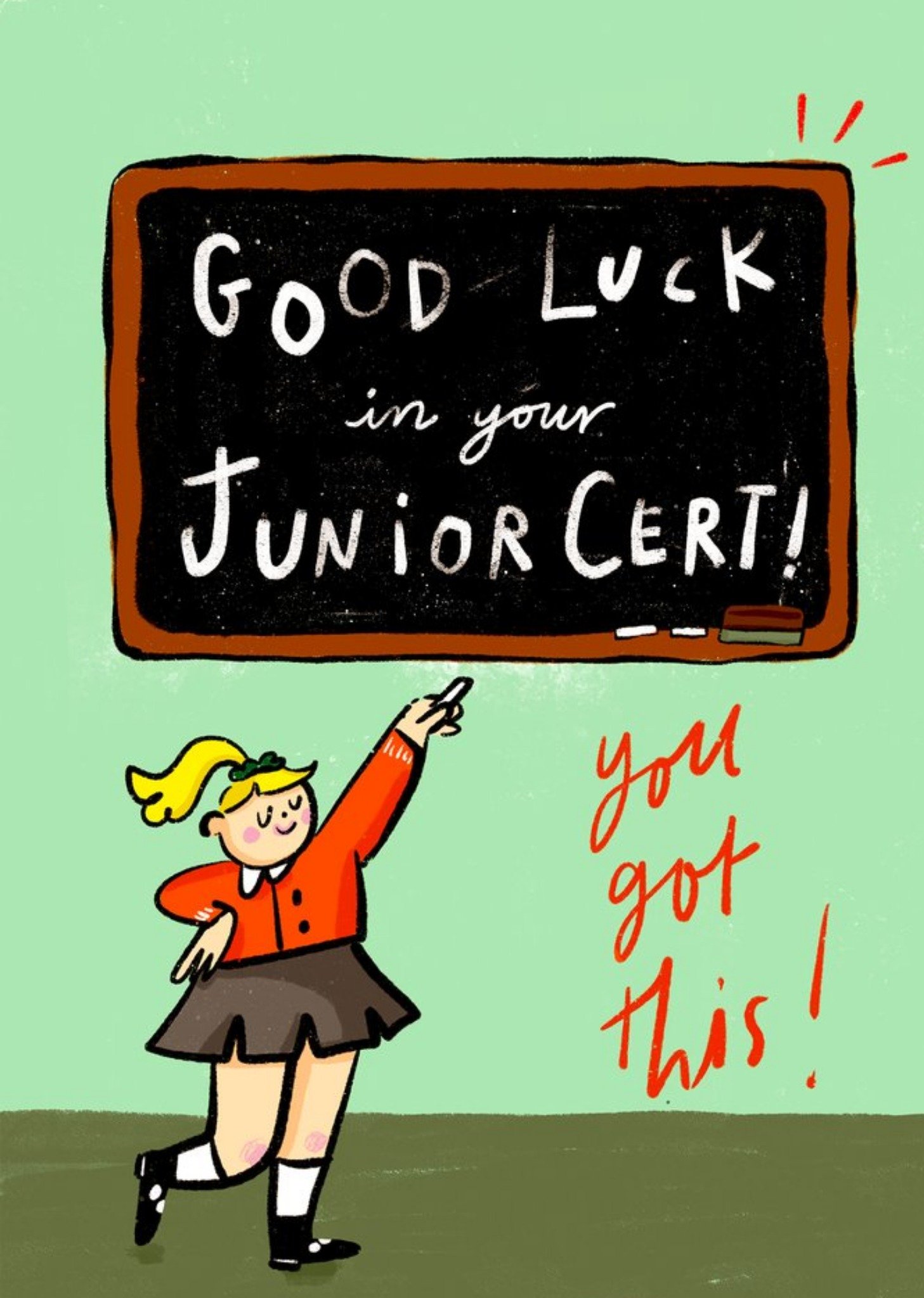 Moonpig Illustration Of A School Girl Writting On A Blackboard Good Luck In Your Junior Cert Card