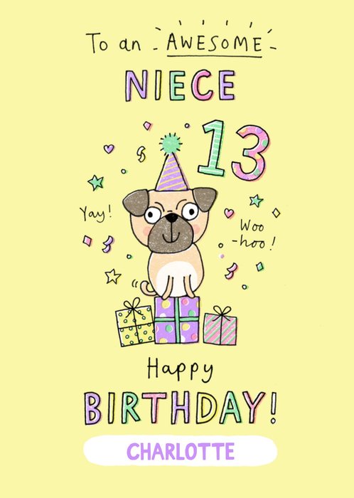 Cute Doodled Dog 13th Birthday Card For Niece