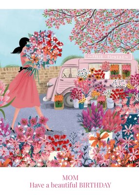 Beautiful Illustration Of A Lady Buying A Bouquet Of Flowers From A Pink Florist Van Birthday Card