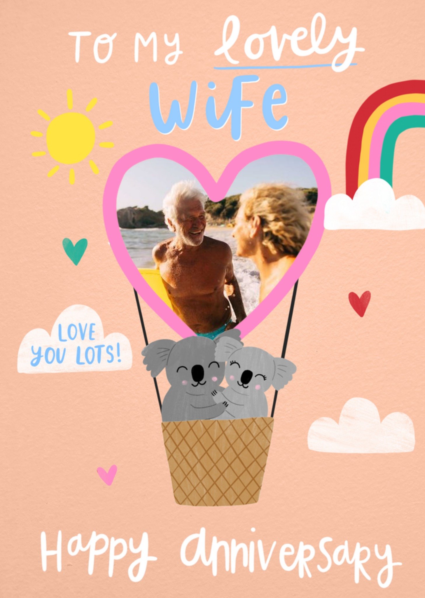 Moonpig Illustration Of Two Koalas In A Heart Shaped Hot Air Balloon Photo Upload Wife's Anniversary