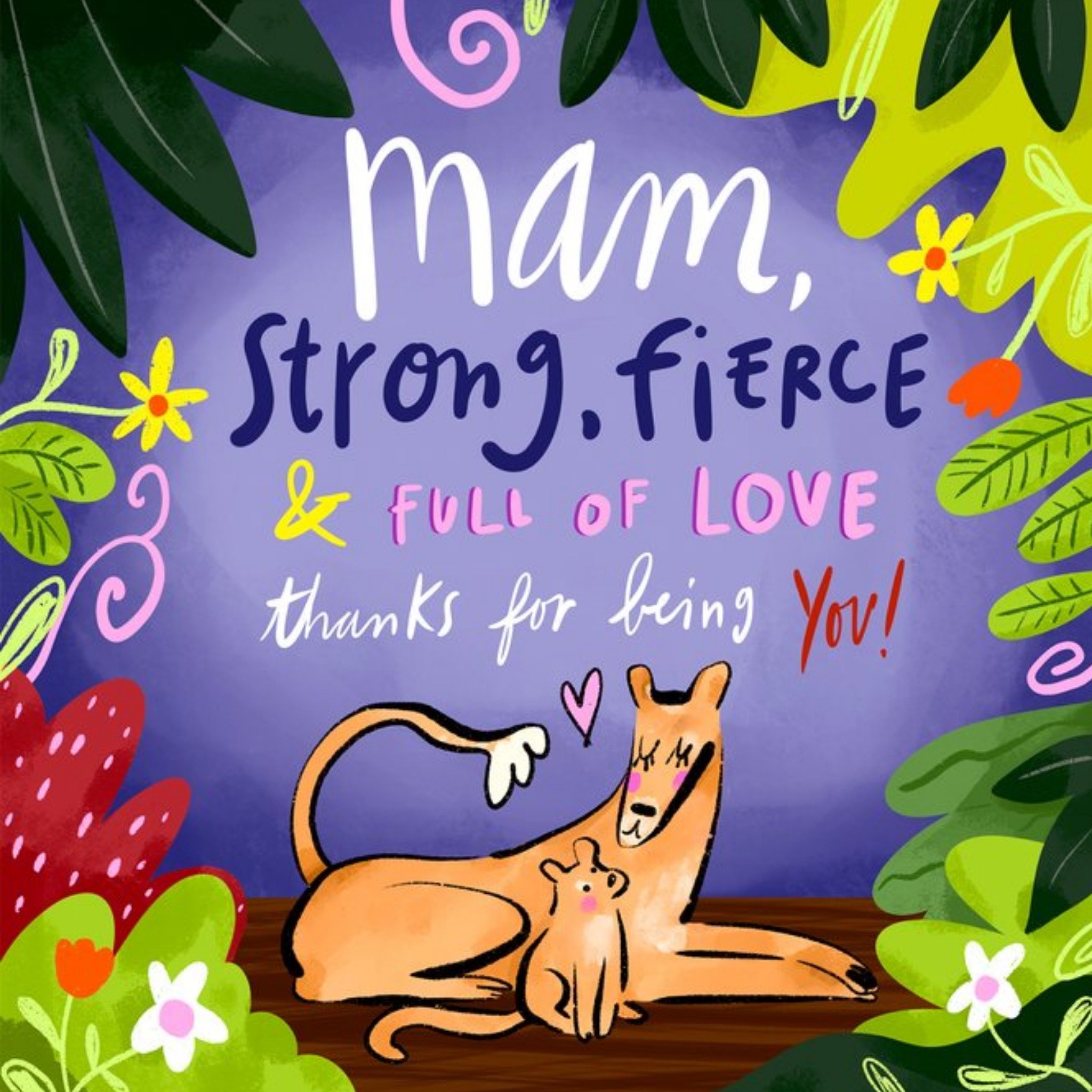 Moonpig Illustration Of A Lion And Her Cub Surrounded By Vibrant Jungle Foliage Mothers Day Card