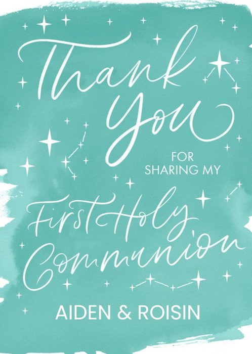 Green Watercolour Typographic First Communion Thank You Card