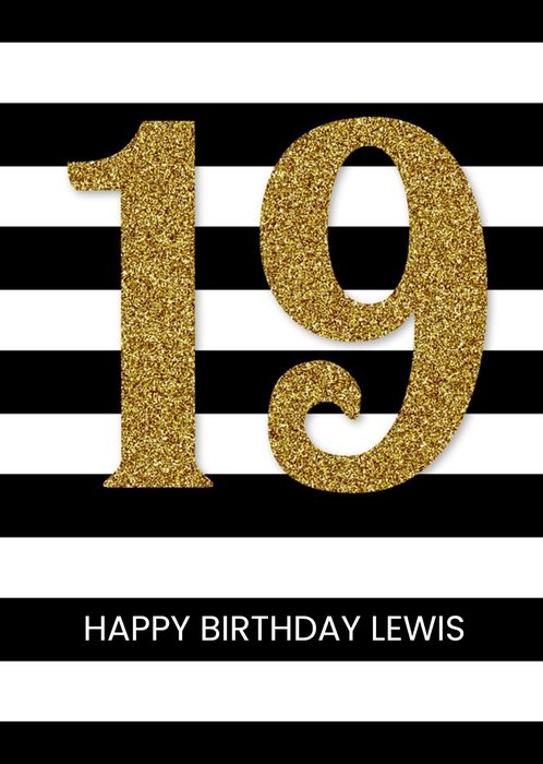 Black And White Stripes And Glitter Number Personalised Happy 19th Birthday Card