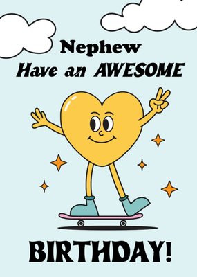 Nephew Have An Awesome Birthday Illustrated Skateboarding Heart Character Birthday Card