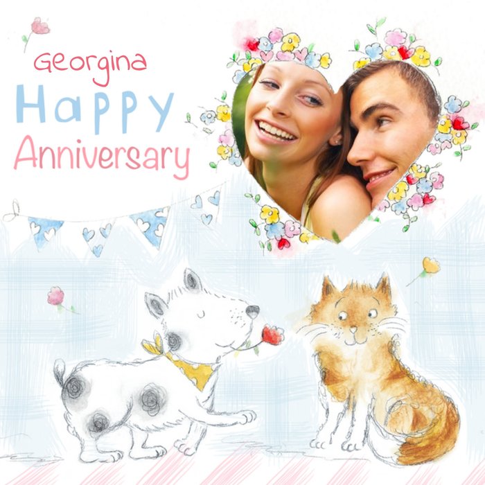 Cartoon Cat And Dog Happy Anniversary Photo Card