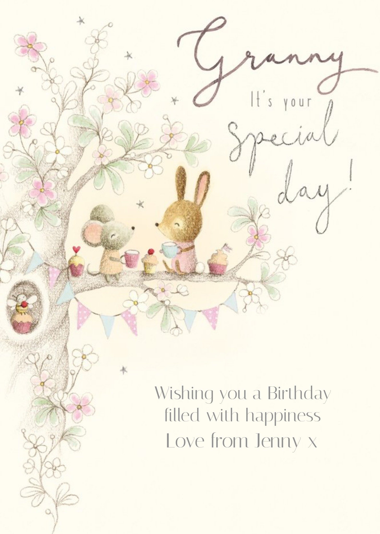 Moonpig Illustration Of A Mouse And A Rabbit Sitting In A Tree With Tea And Cupcakes Grandma's Birth