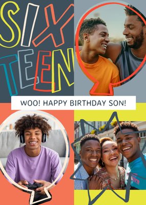 Son Sixteen Bold Typography Photo Upload Birthday Card