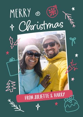 Merry Christmas Festive Doodles Photo Upload Card