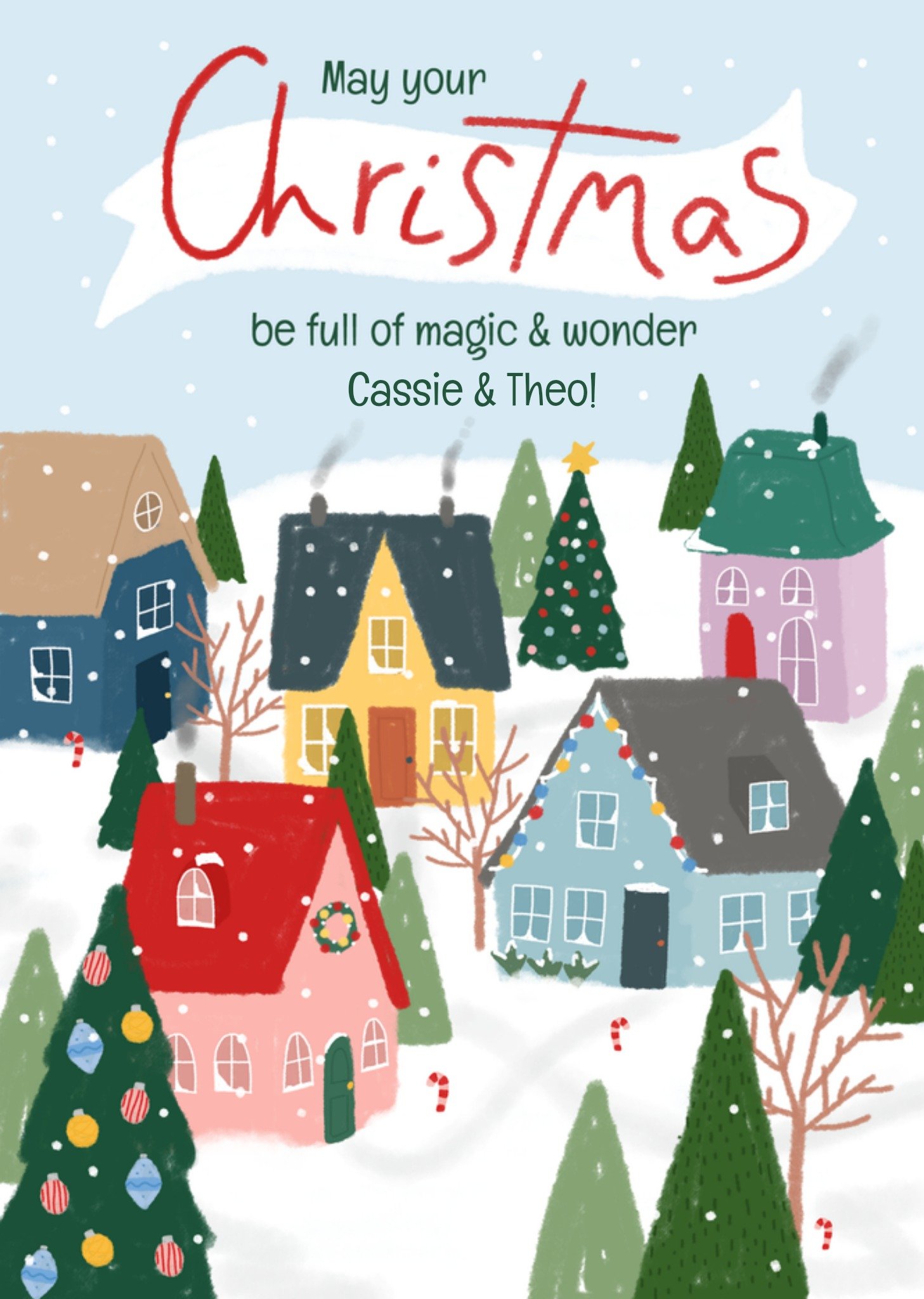 Moonpig Cosy Snowy Festive Town Illustrated Houses And Trees Christmas Card