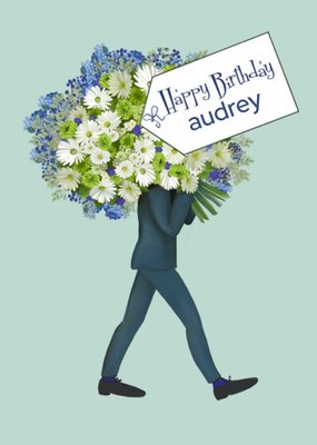 Illustrated Large Bouquet Of Flowers With Personalised Label Birthday Card