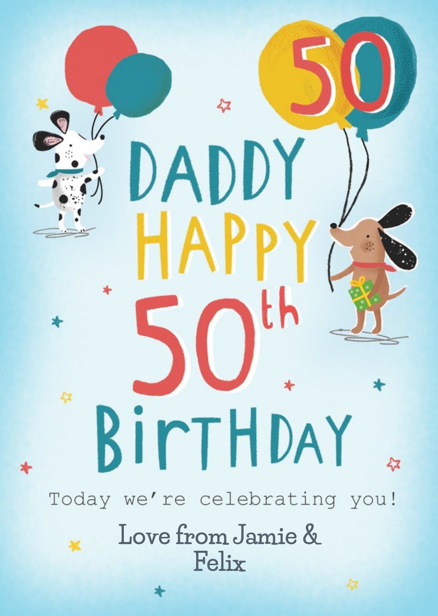 Moonpig Blue Illustrated Dogs 50th Balloons Personalised Daddy Birthday Card