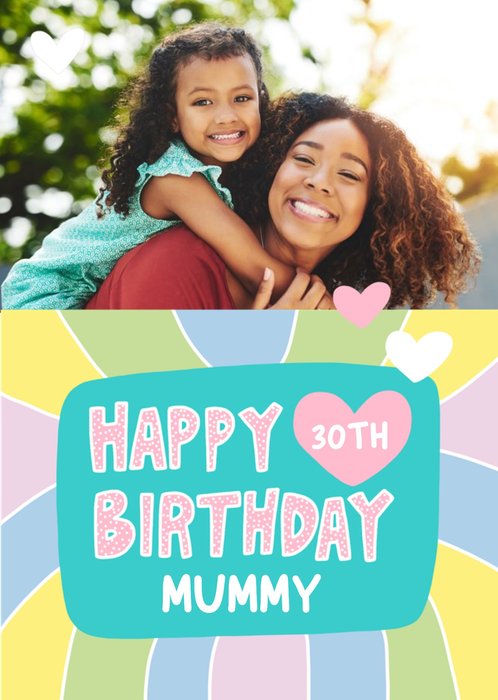 Colourful Tiled Border And Heart Icons Mother's Thirtieth Birthday Photo Upload Card