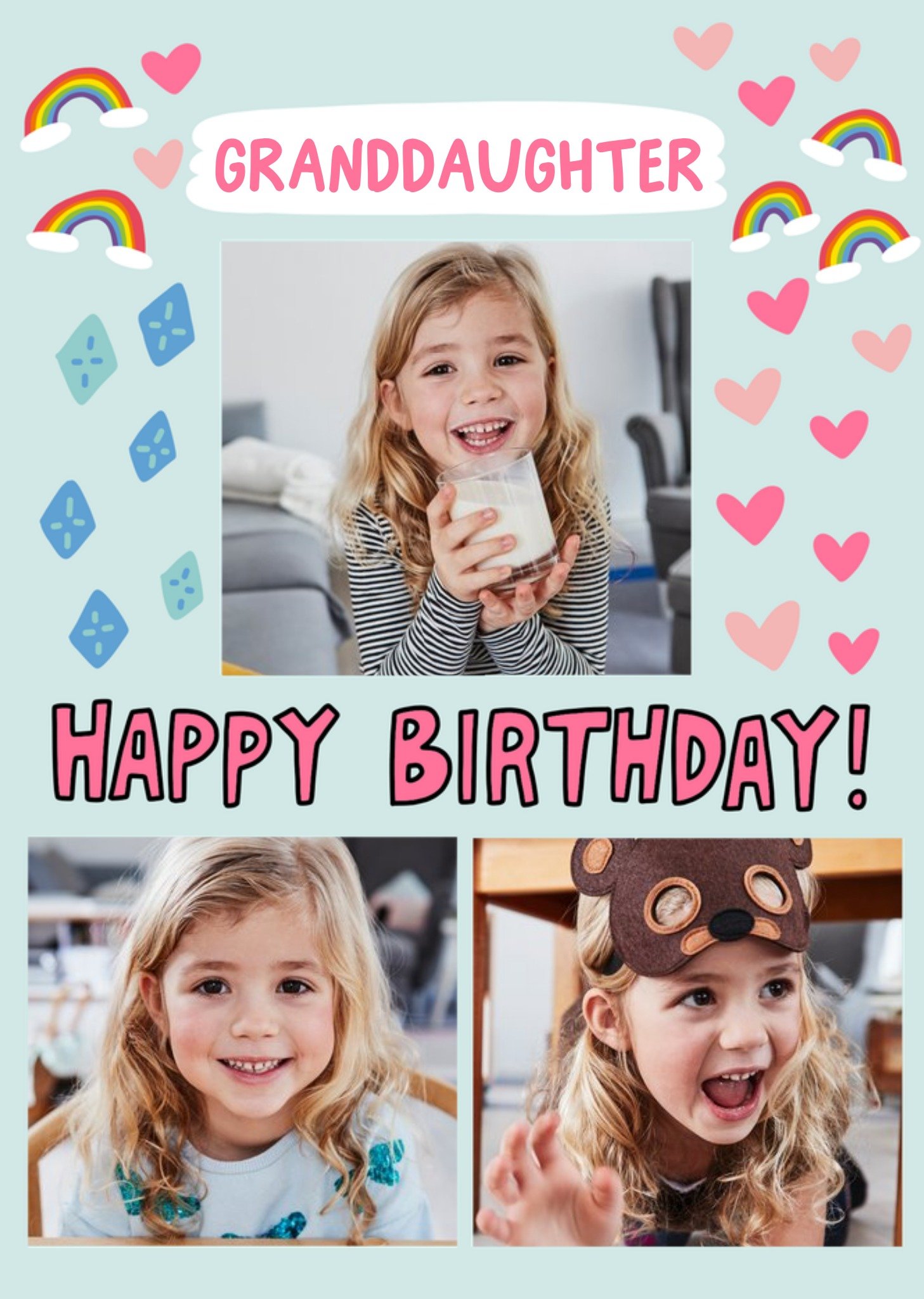 Moonpig Angela Chick Illustrated Love Hearts Rainbows Kites Granddaughter Photo Upload Card