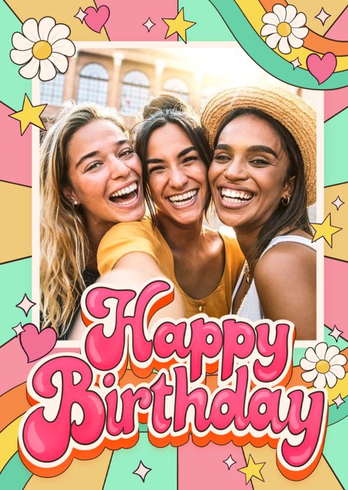 70s Inspired Retro Patterned Birthday Photo Upload Card