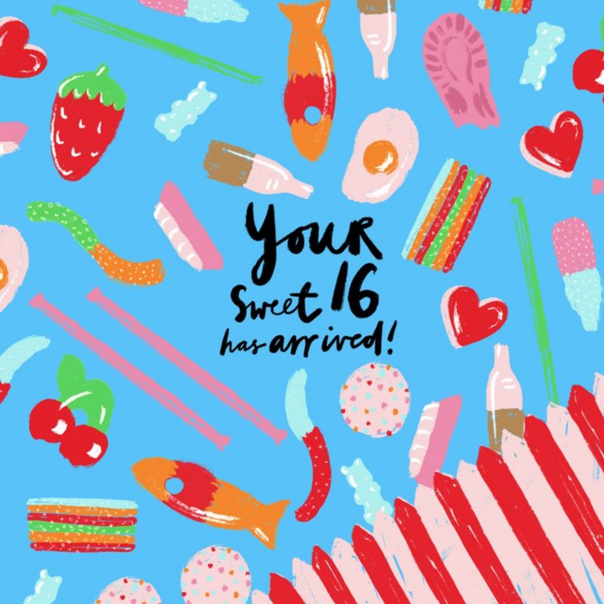 Moonpig Illustration Of Sweets Surrounding Handwritten Typography Sweet 16 Birthday Card