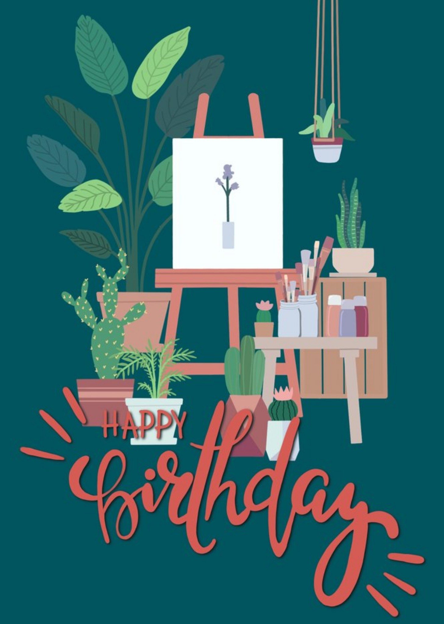 Moonpig Plants And Painting Illustration Happy Birthday Card