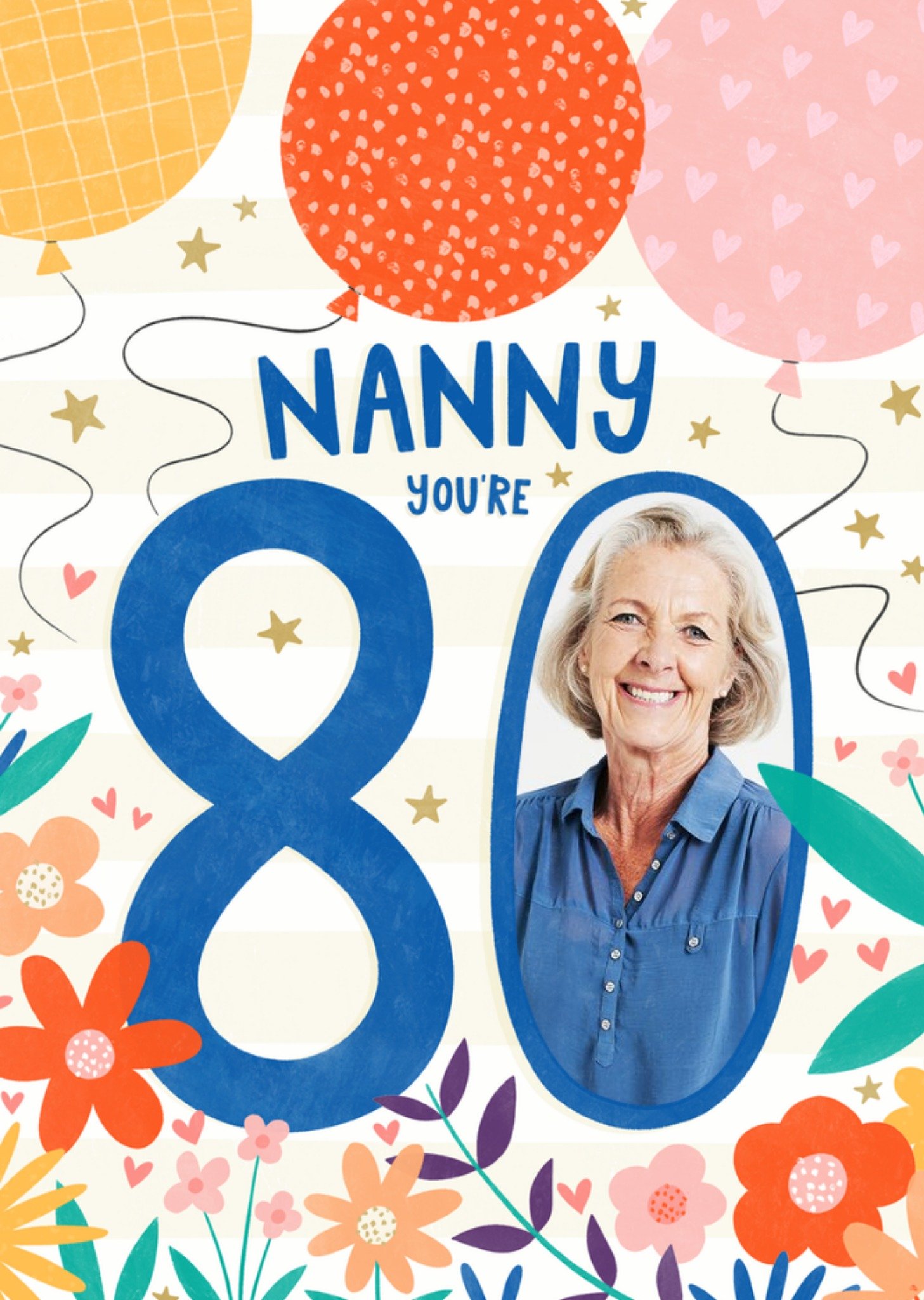 Moonpig Floral Illustrated Nanny 80th Birthday Photo Upload Card